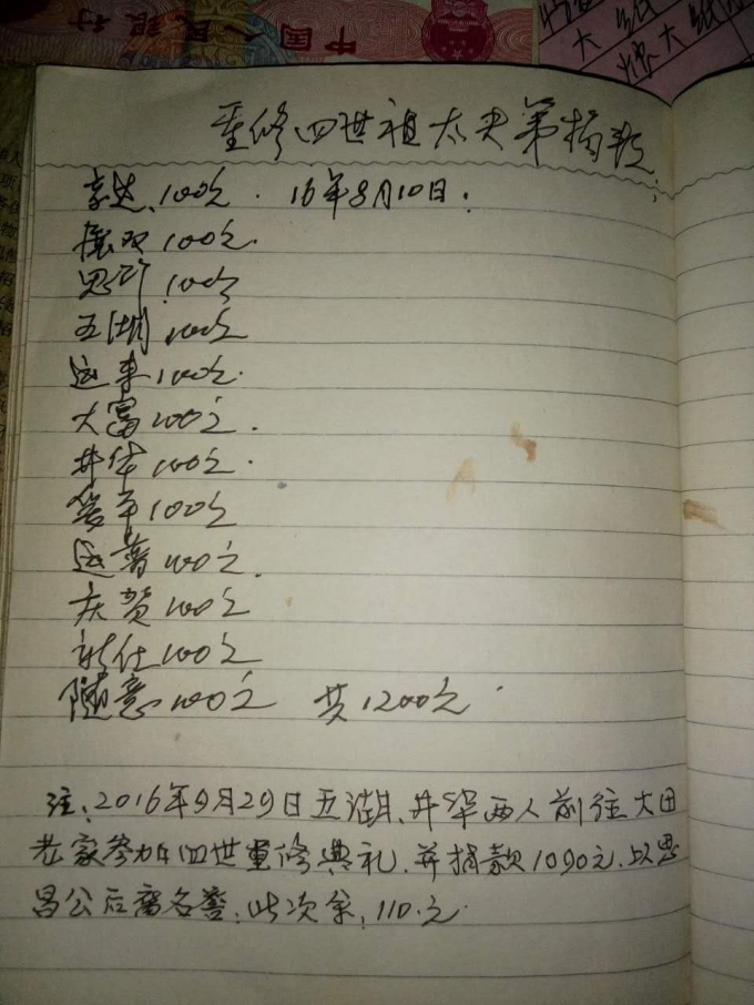 2016年八月十日捐款重修四世祖老屋各人名单_51纪念网