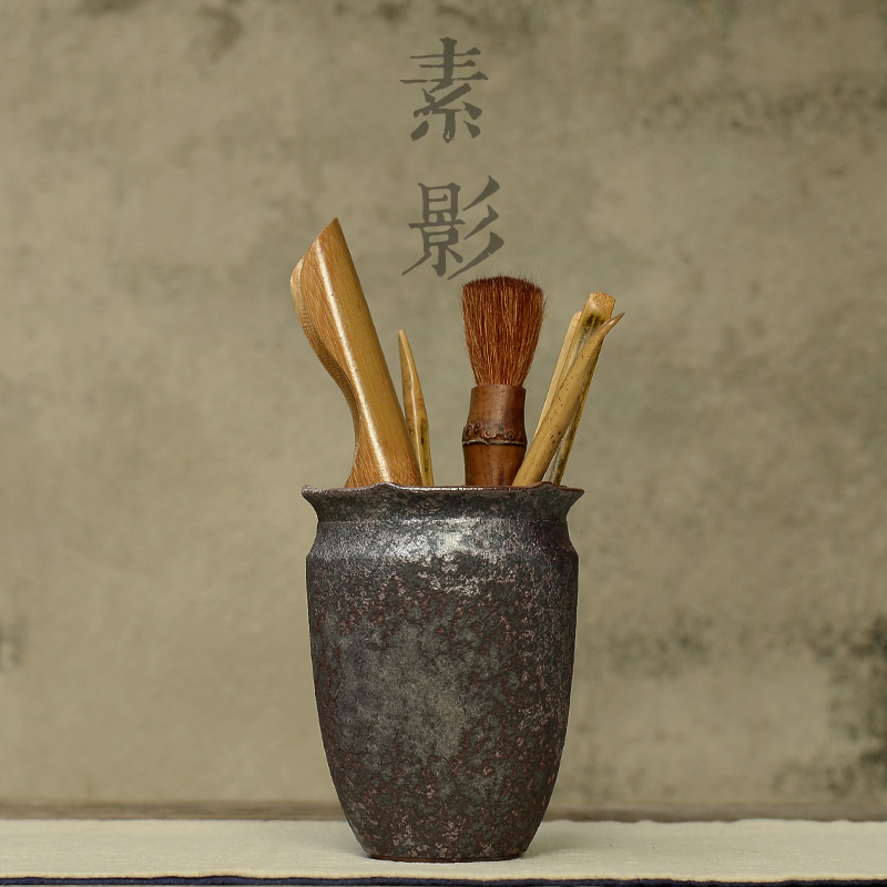 素影古迹 陶瓷粗陶茶具配件铁锈  复古竹制茶道六君子组合